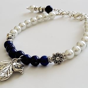 Leaf Charm White Glass Pearl and Blue Lapis Lazuli Bracelet